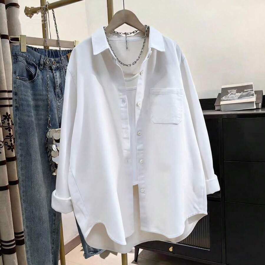 solid white cotton button-down casual shirt