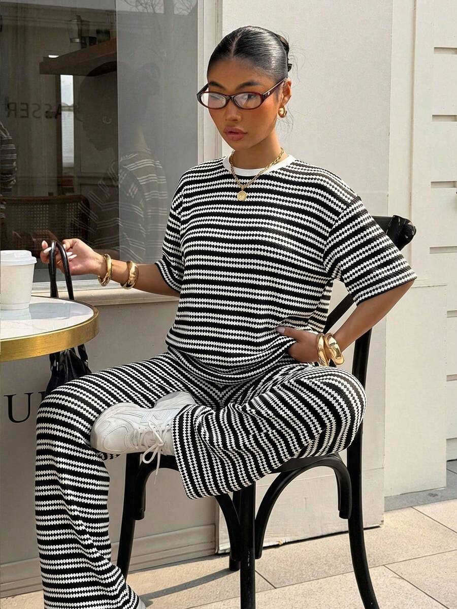 black and white striped knit casual trousers