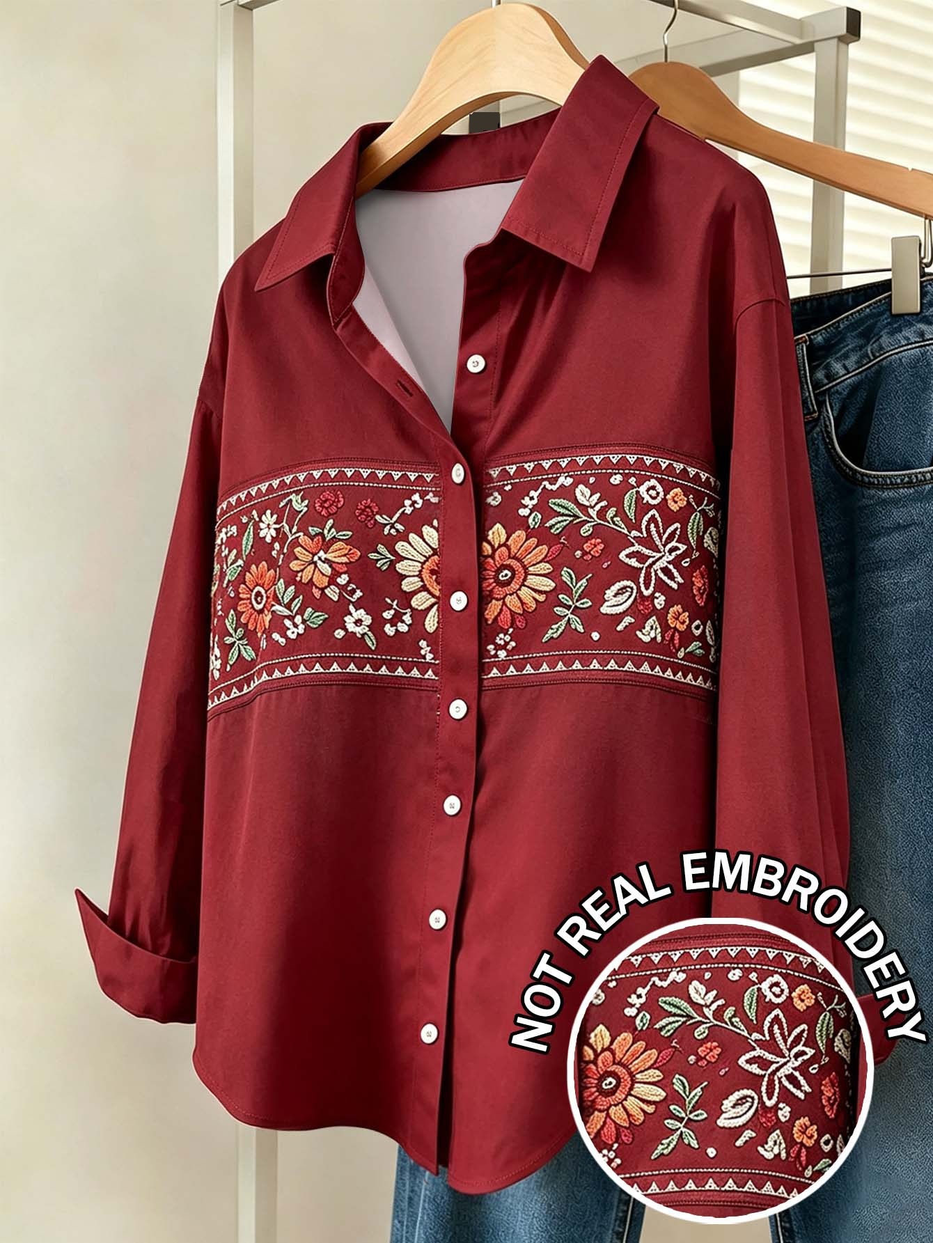 red patchwork cotton button-down shirt