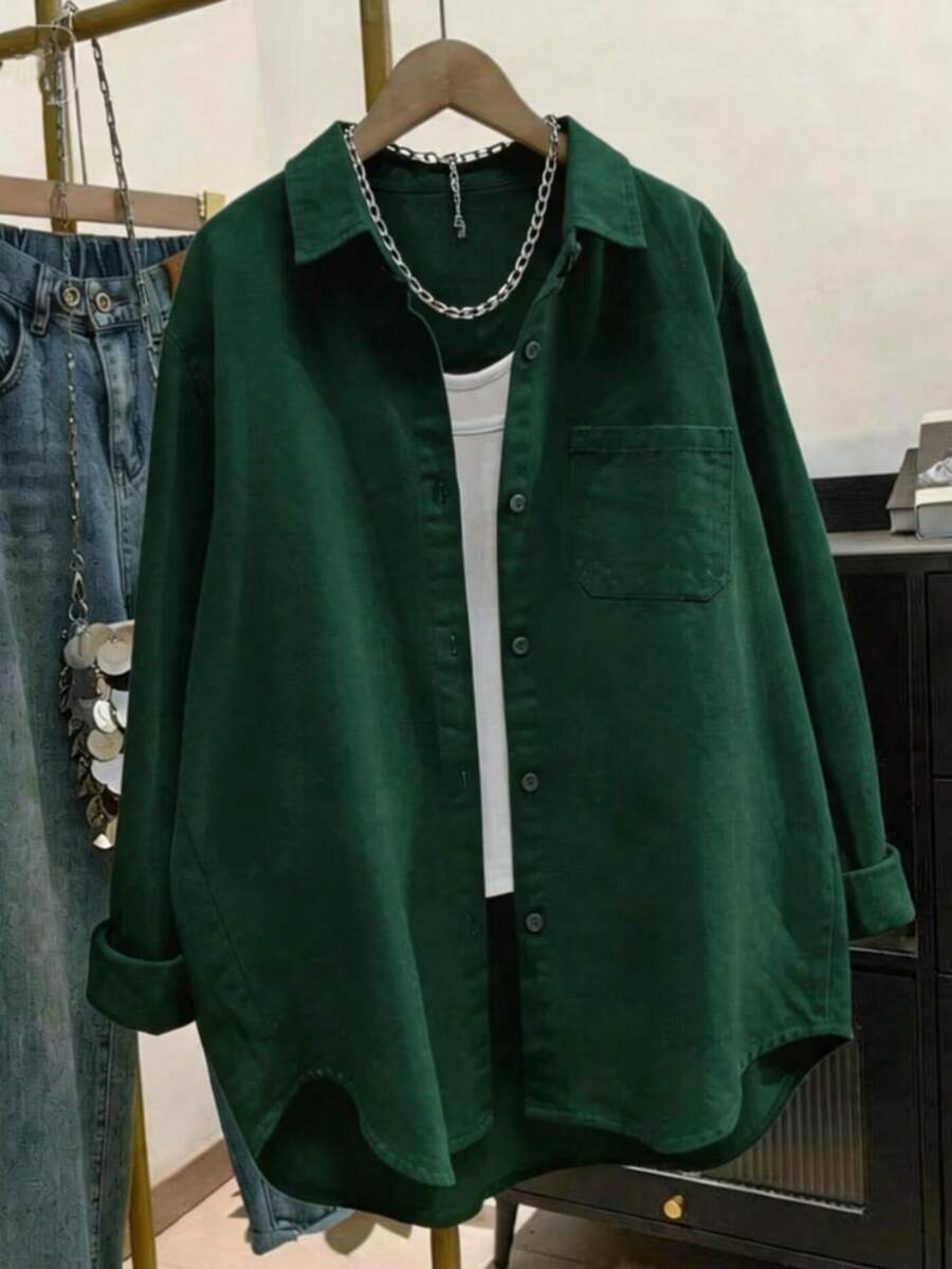 solid dark green cotton button-down casual shirt