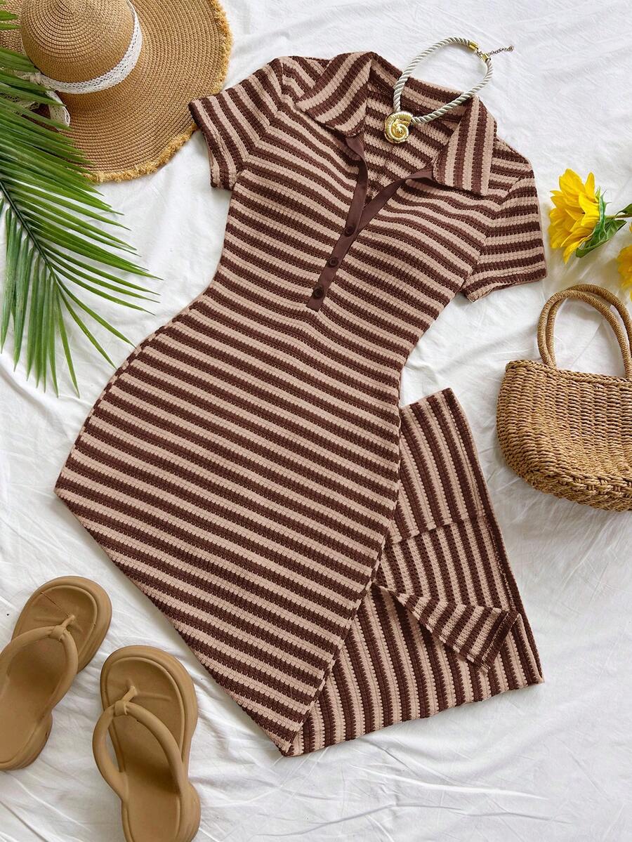 mocha brown striped ribbed polo midi dress