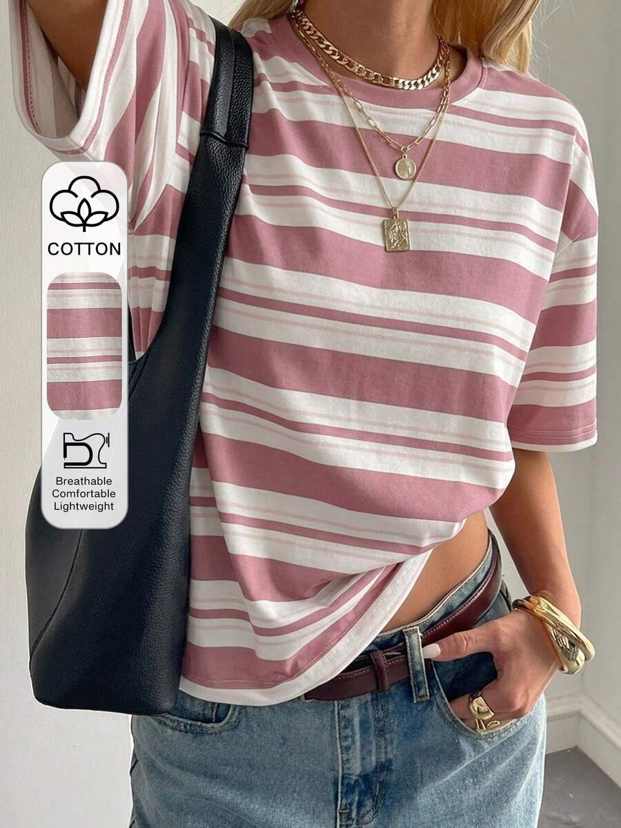 loose casual round neck striped pink t-shirt