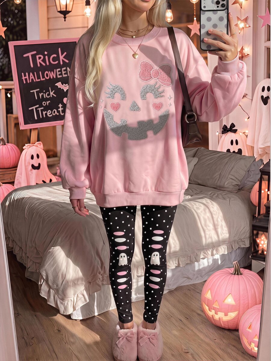 halloween crew neck sweatshirt and black leggings set