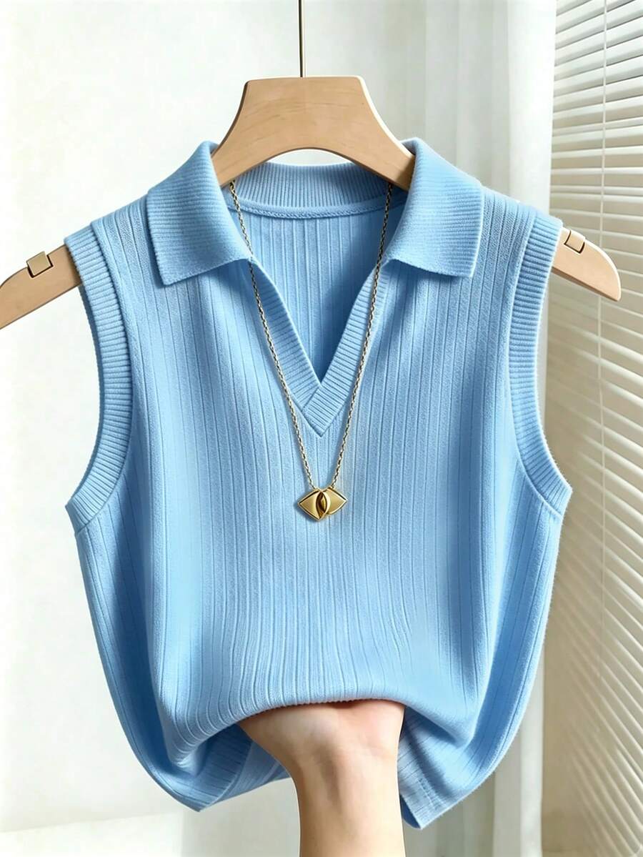 solid teal blue knit polo vest