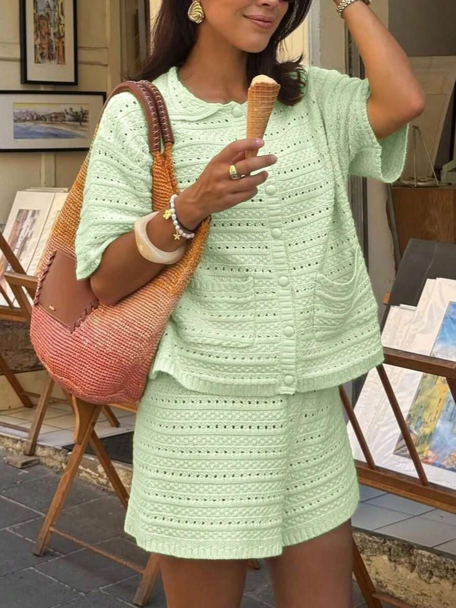 mint green short sleeve buttoned knit cardigan