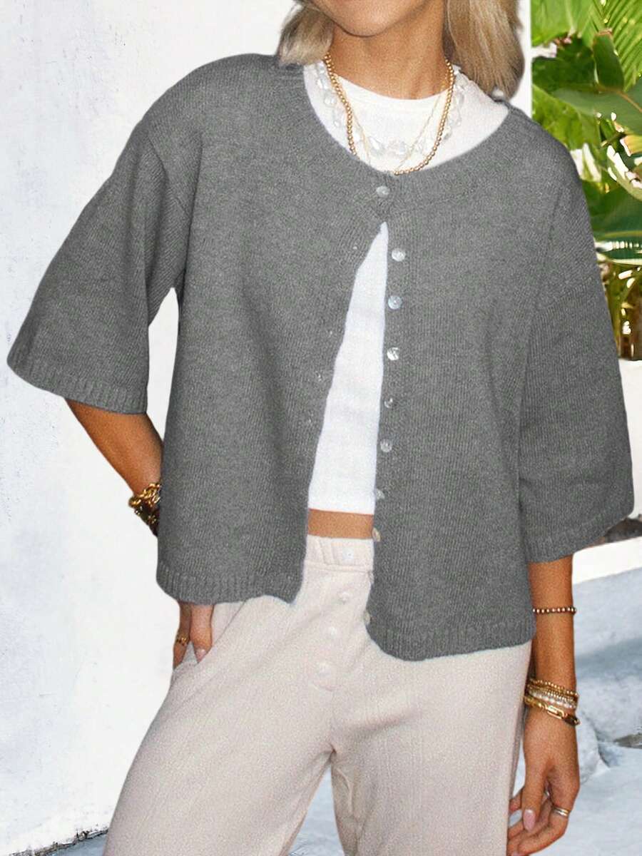 light grey short sleeve ribbed knit button down cardigan