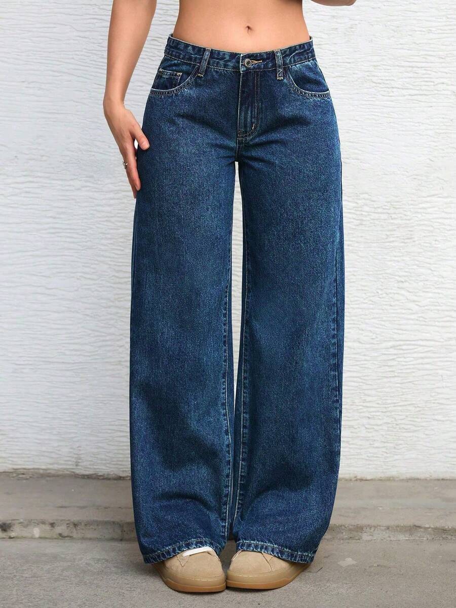 casual washed low-waist straight-leg midnight jeans