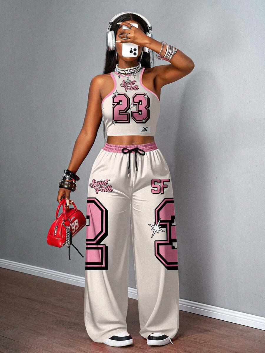 beige and pink graphic athleisure coord set