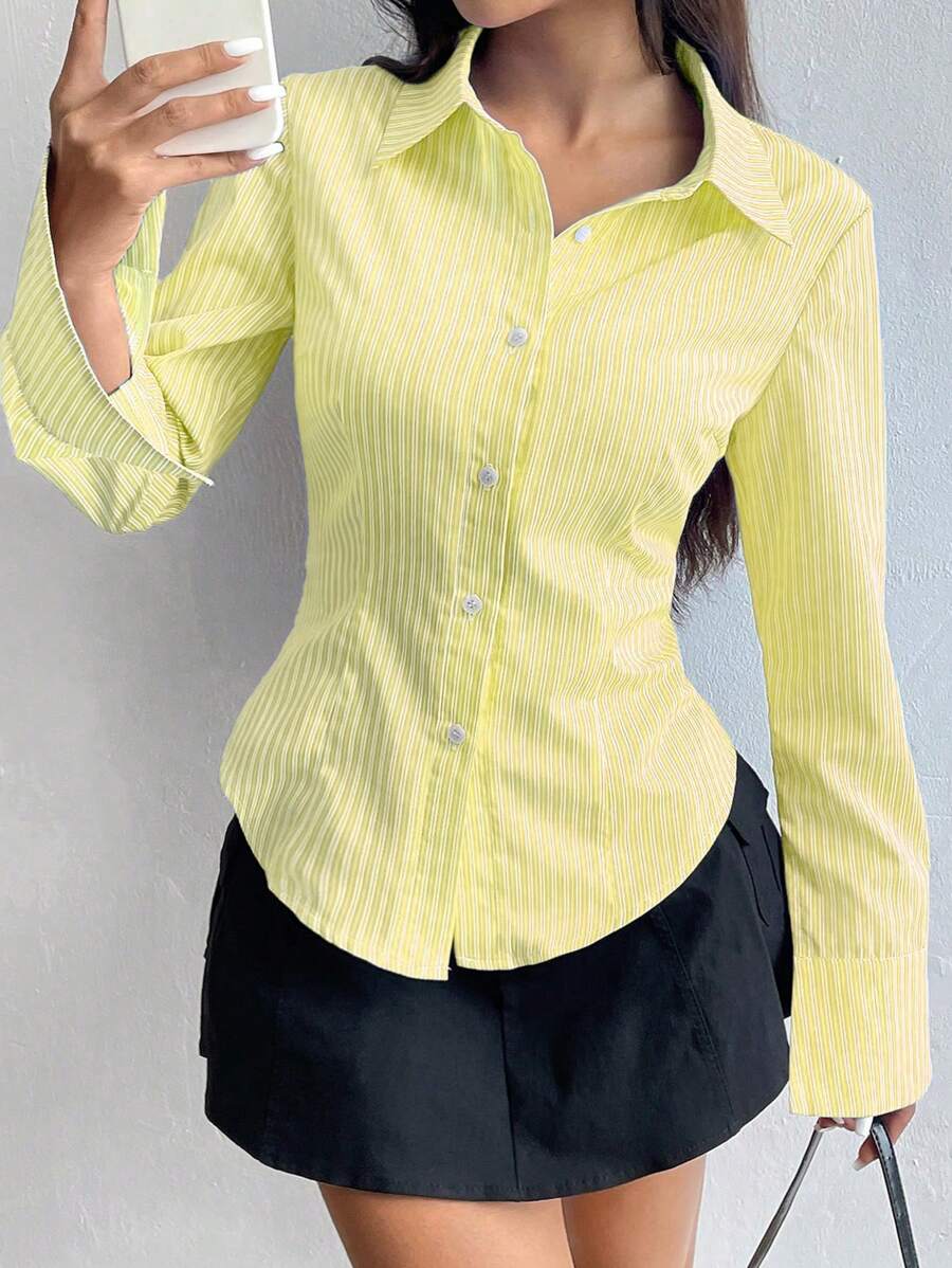 slim fit yellow striped long sleeve button down shirt