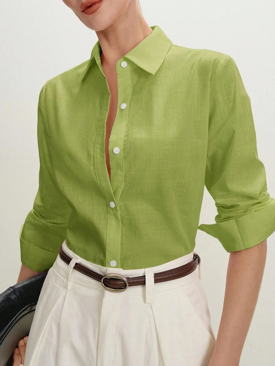 lime green shirt turn-down collar
