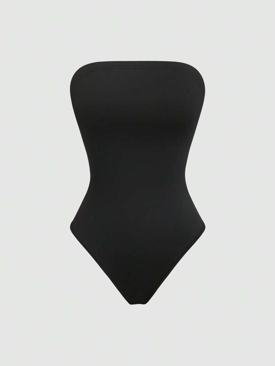 black strapless sleeveless stretch bodysuit set
