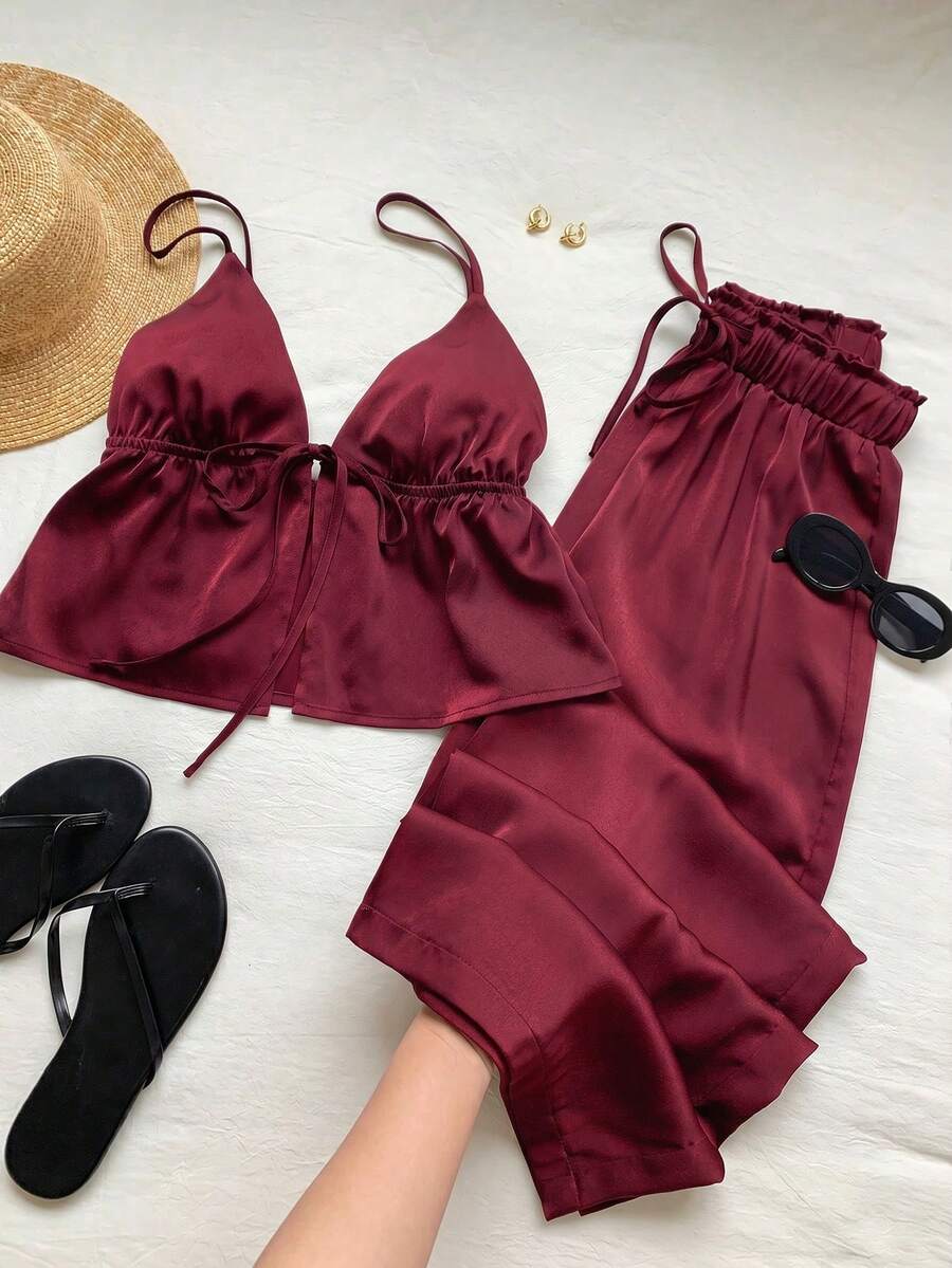 burgundy textured camisole and matching wide-leg trousers set