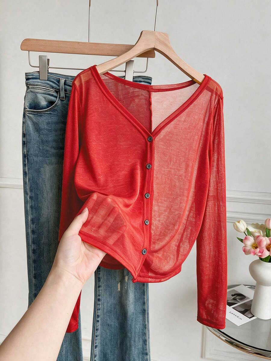 red sheer hollow knit v-neck cardigan