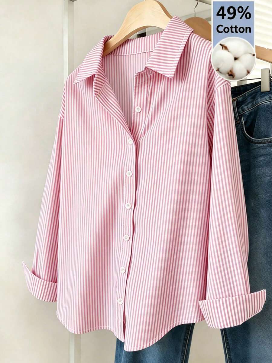 pink striped cotton blend button down shirt