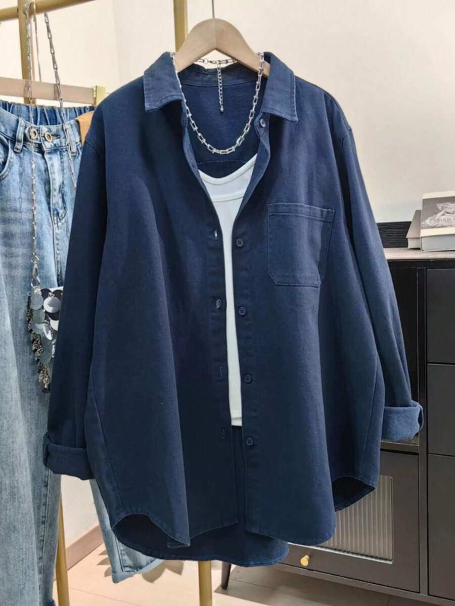 solid navy blue cotton button-down casual shirt