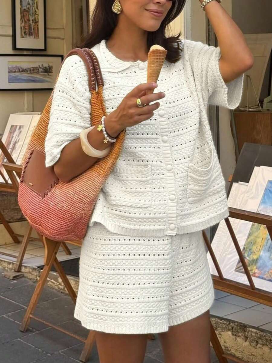 white short sleeve buttoned knit cardigan
