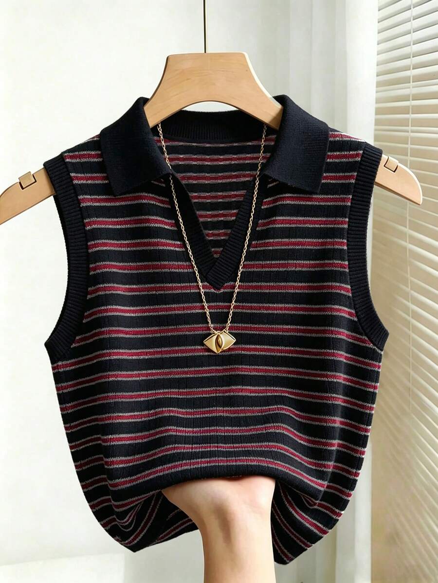 red and black striped knit polo vest