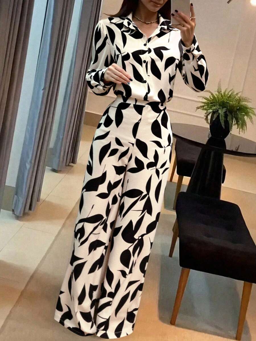 leaf print long sleeve coord set