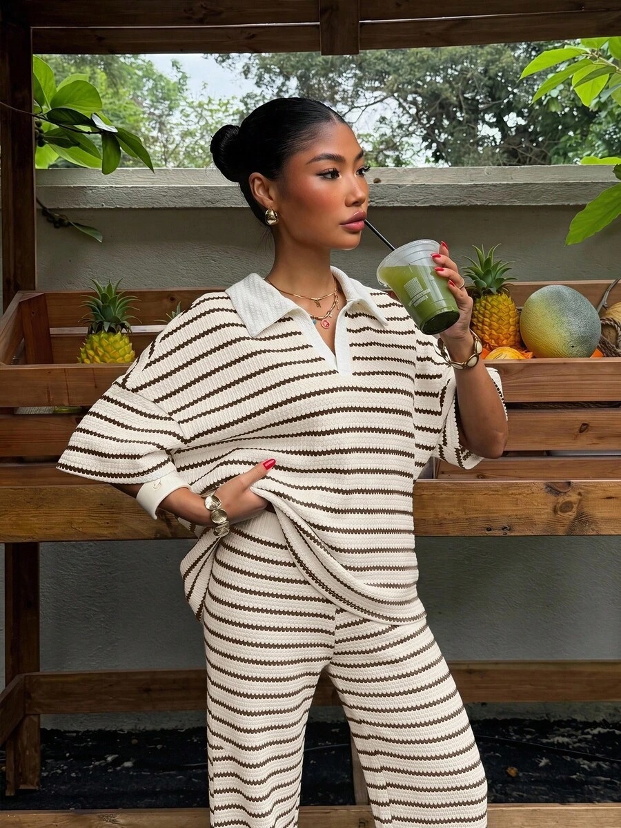 brown striped short sleeve polo top