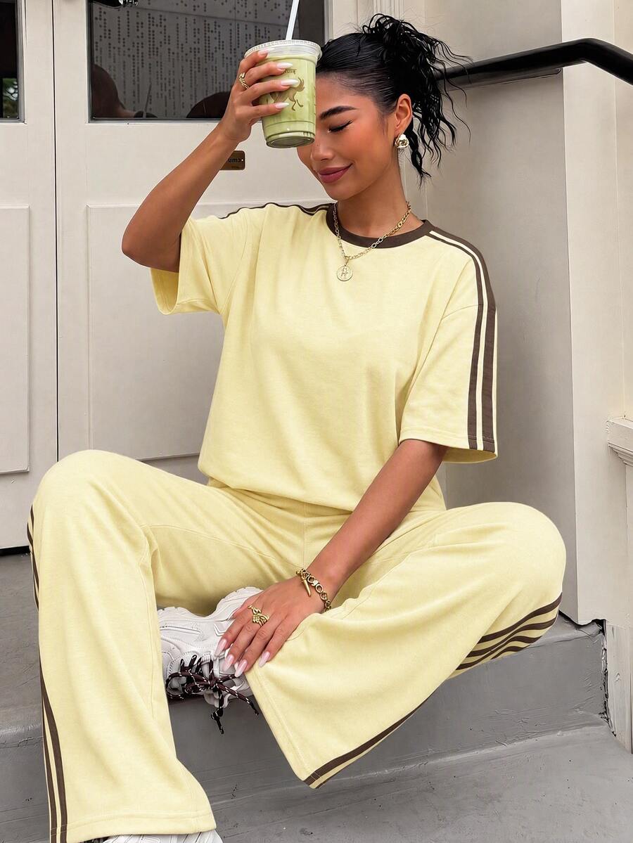 yellow and brown striped knit casual trousers