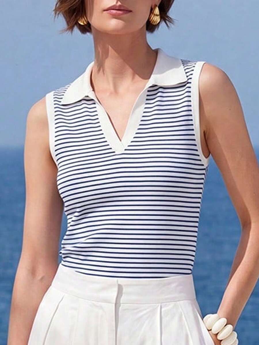 dark blue and white striped knit polo vest