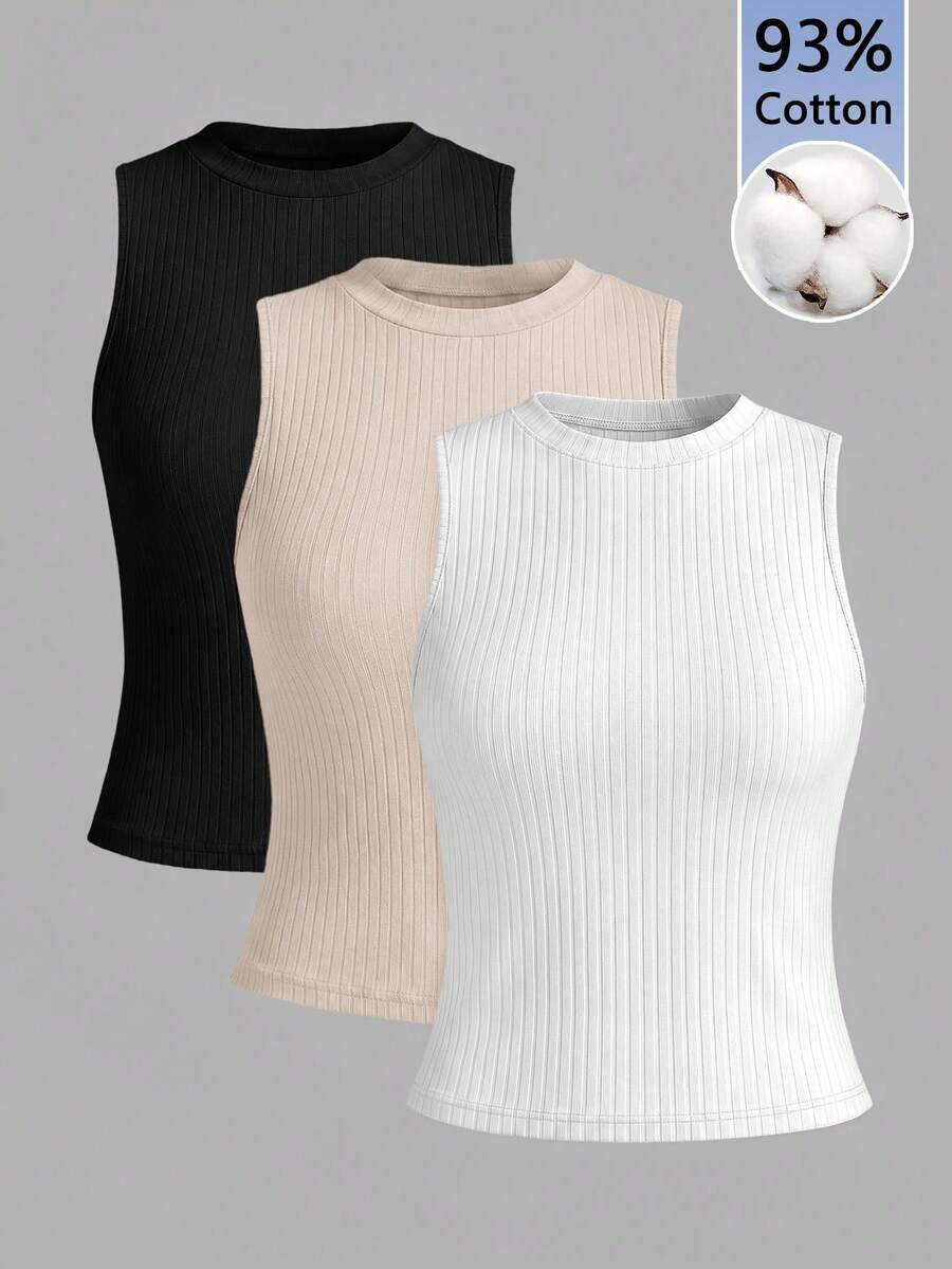 three pack of black beige and white ribbed crew neck sleeveless tops