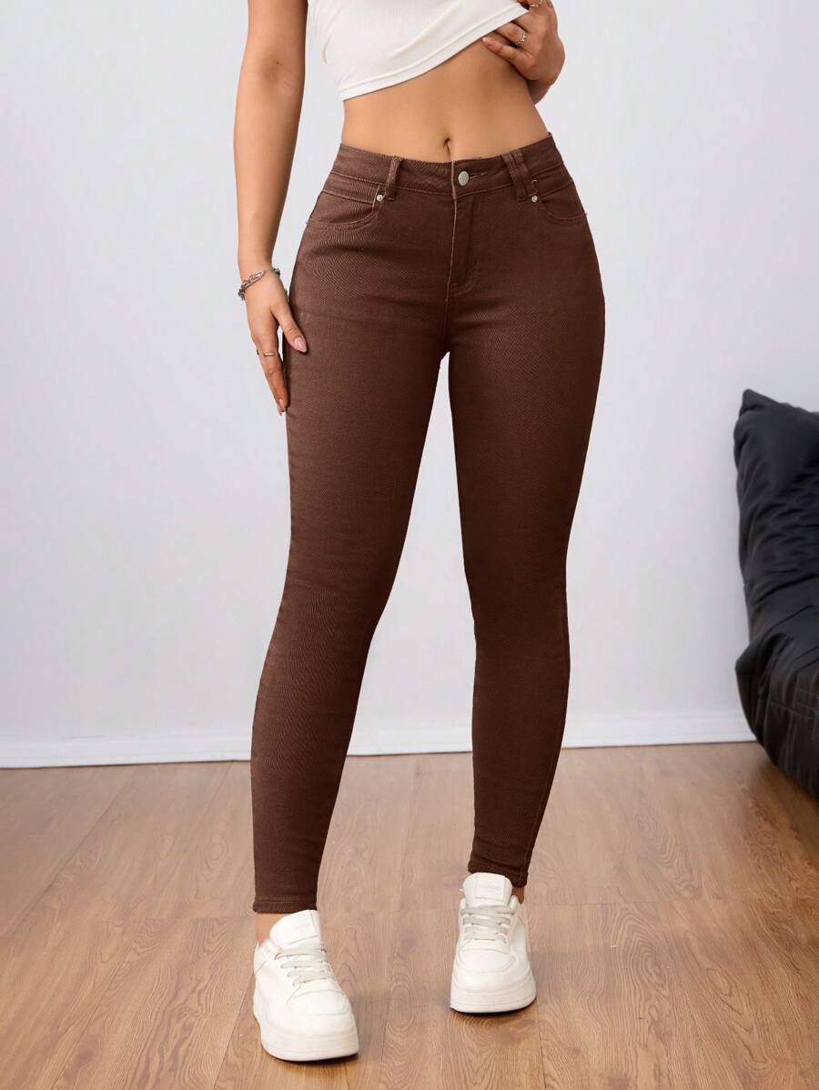 high waist skinny coffee brown denim jeans