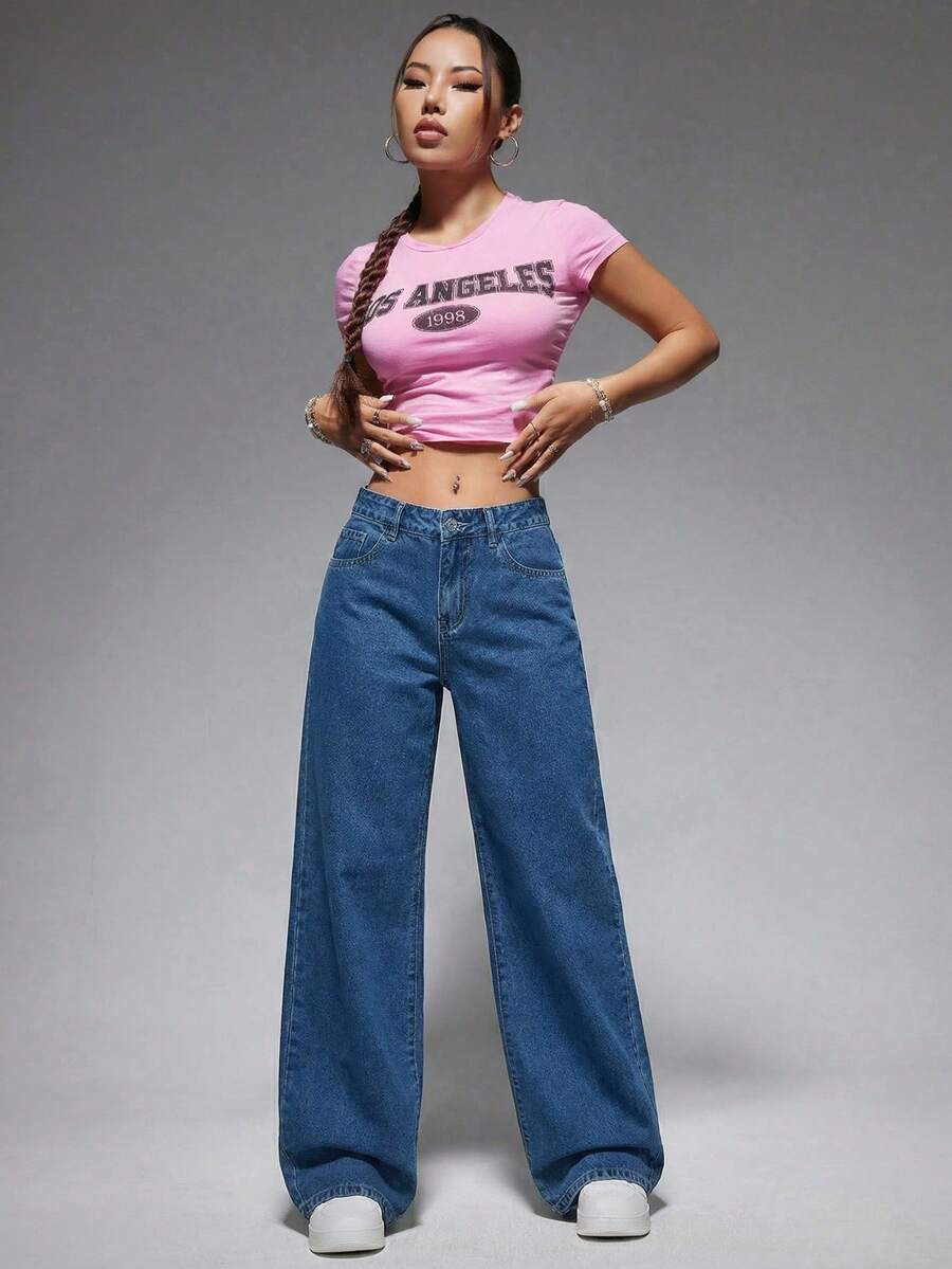 casual washed low-waist straight-leg dark jeans