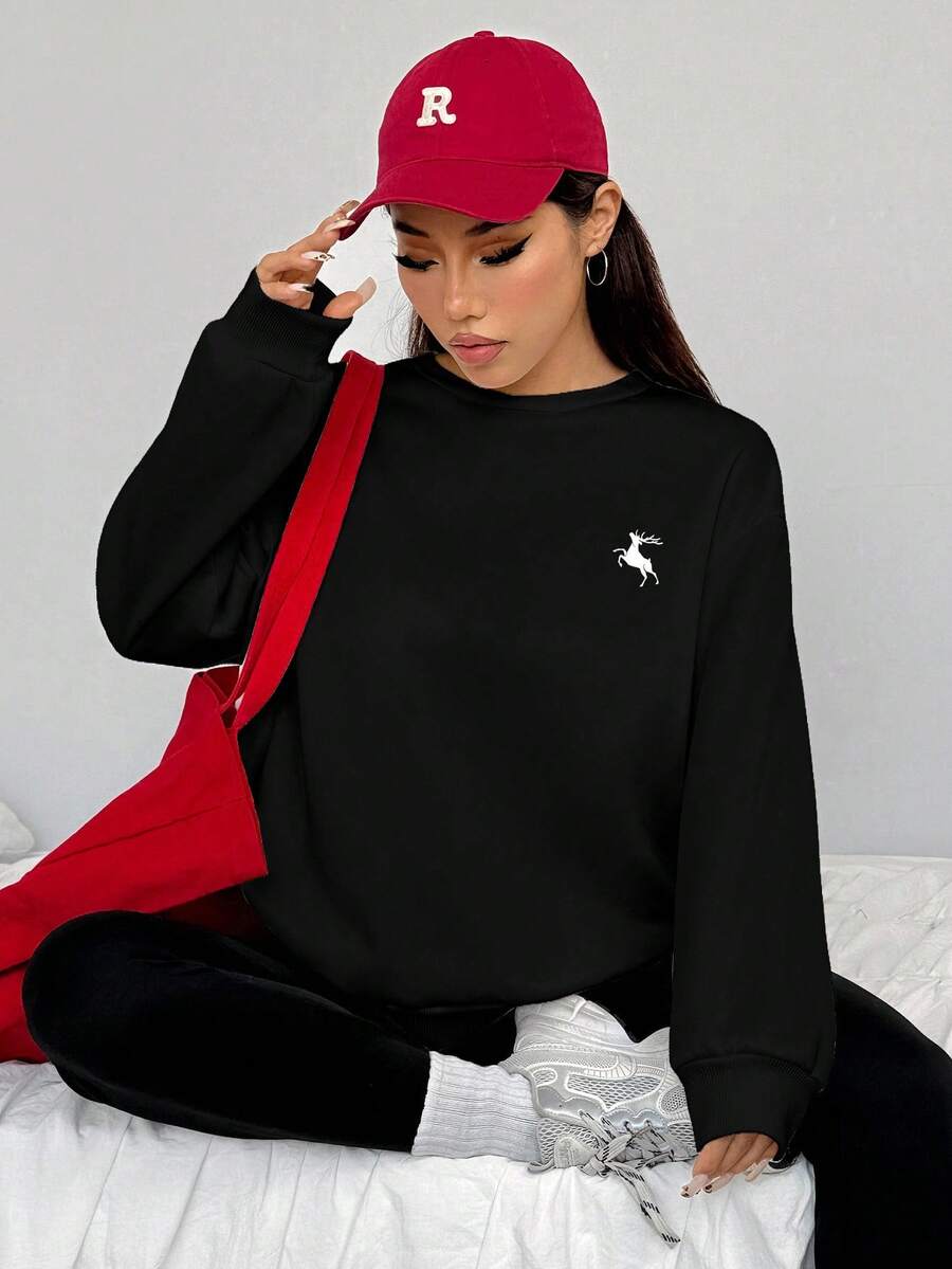 black deer pattern crew neck sweatshirt and leggings set