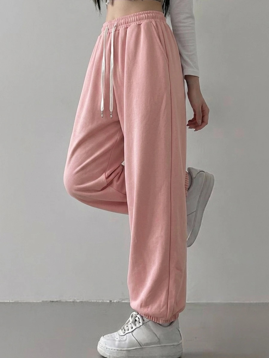 pink drawstring waist casual jogger sweatpants