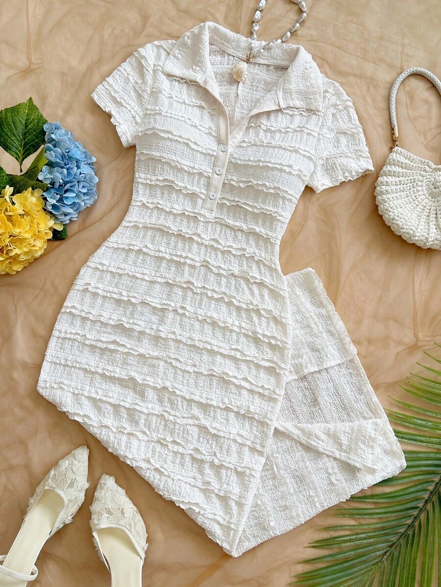 beige striped ribbed polo midi dress