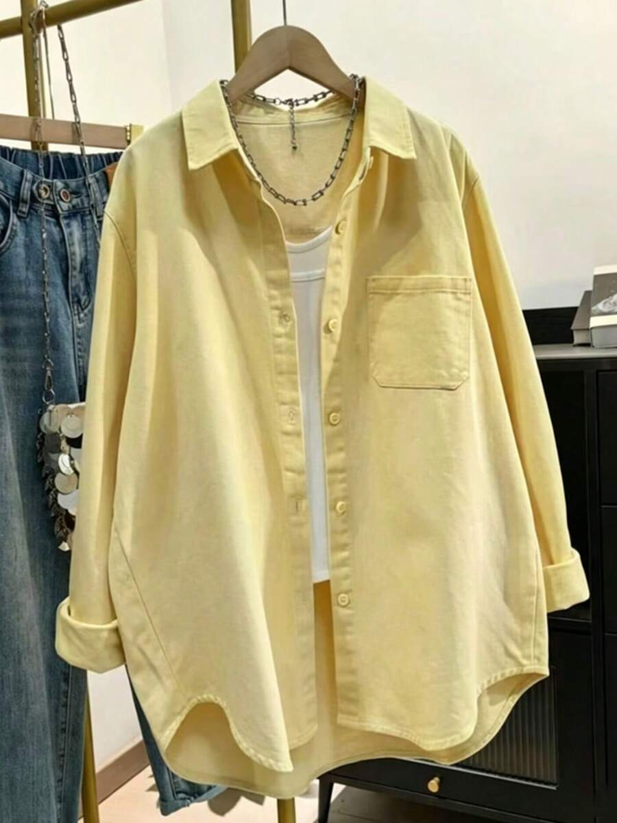 solid light yellow cotton button-down casual shirt