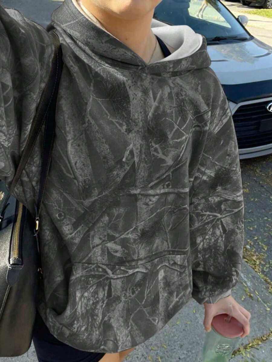 grey tree camo print oversized fleece lined pullover hoodie (printed)