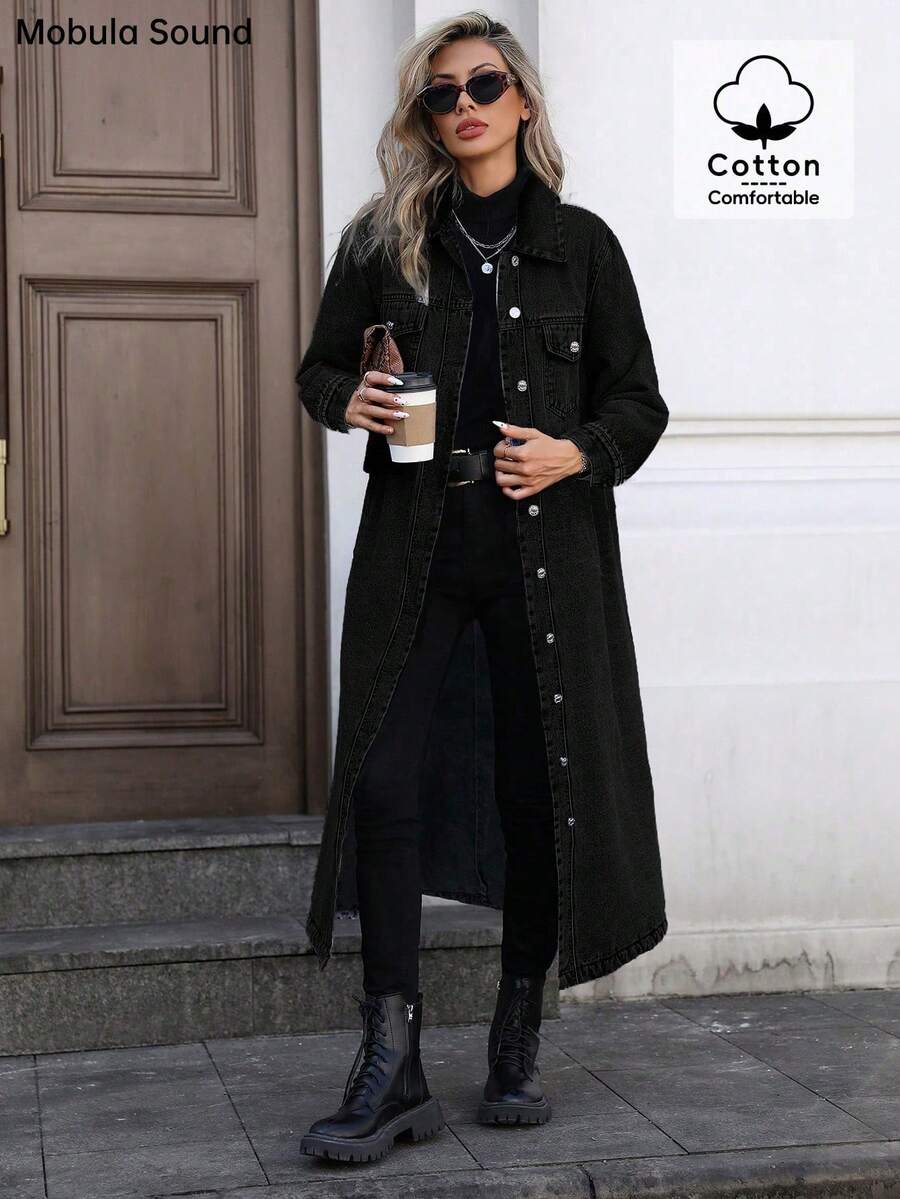 black denim long trench coat jacket