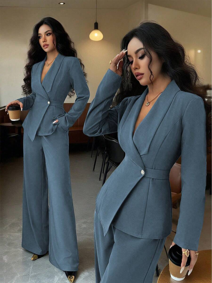slate blue tailored blazer and wide-leg trousers set
