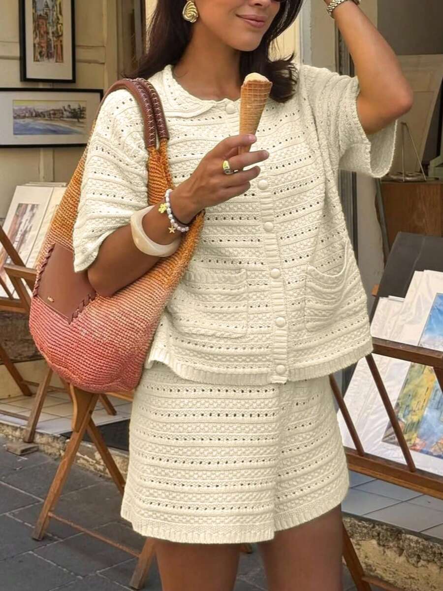 apricot short sleeve buttoned knit cardigan