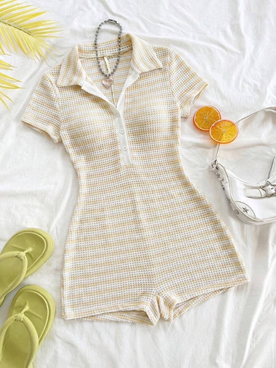 striped apricot and blue collared playsuit
