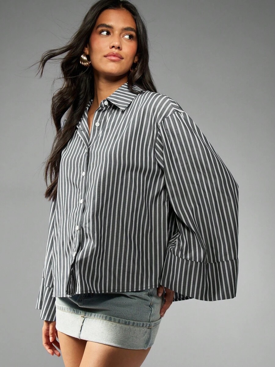 oversized charcoal and white striped button down shirt