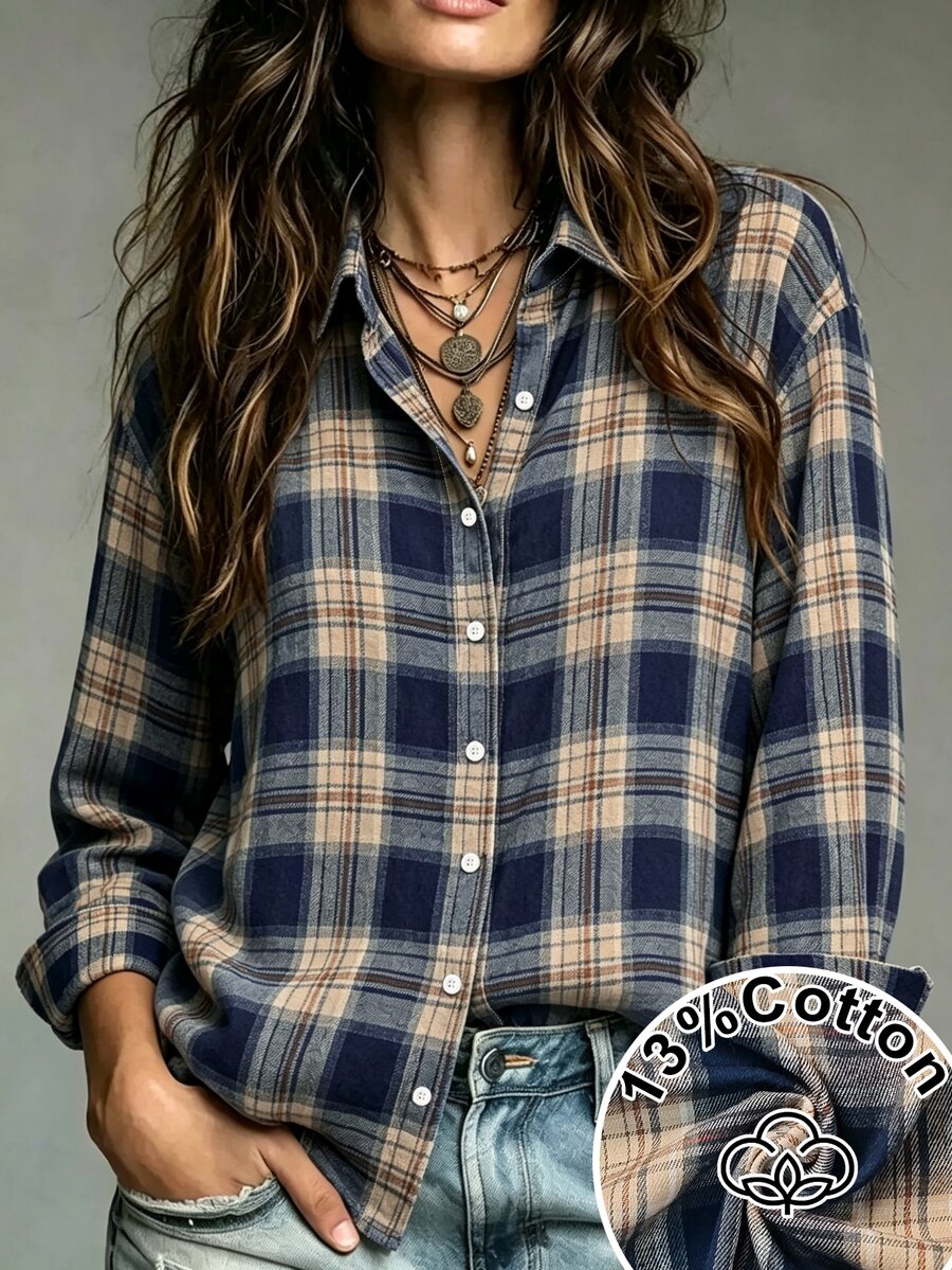 plaid patchwork cotton button-down shirt