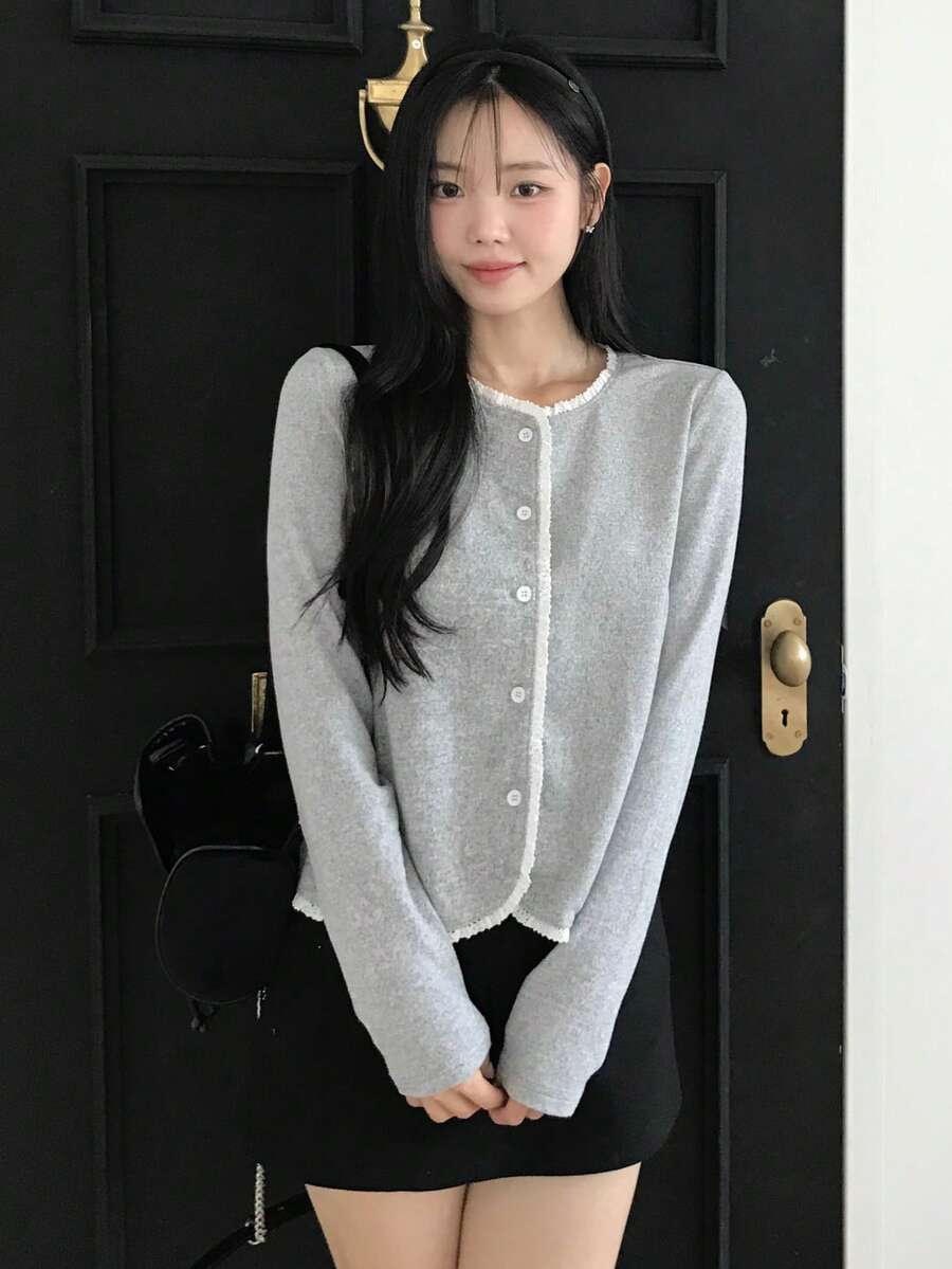pale grey long sleeve button front knit cardigan