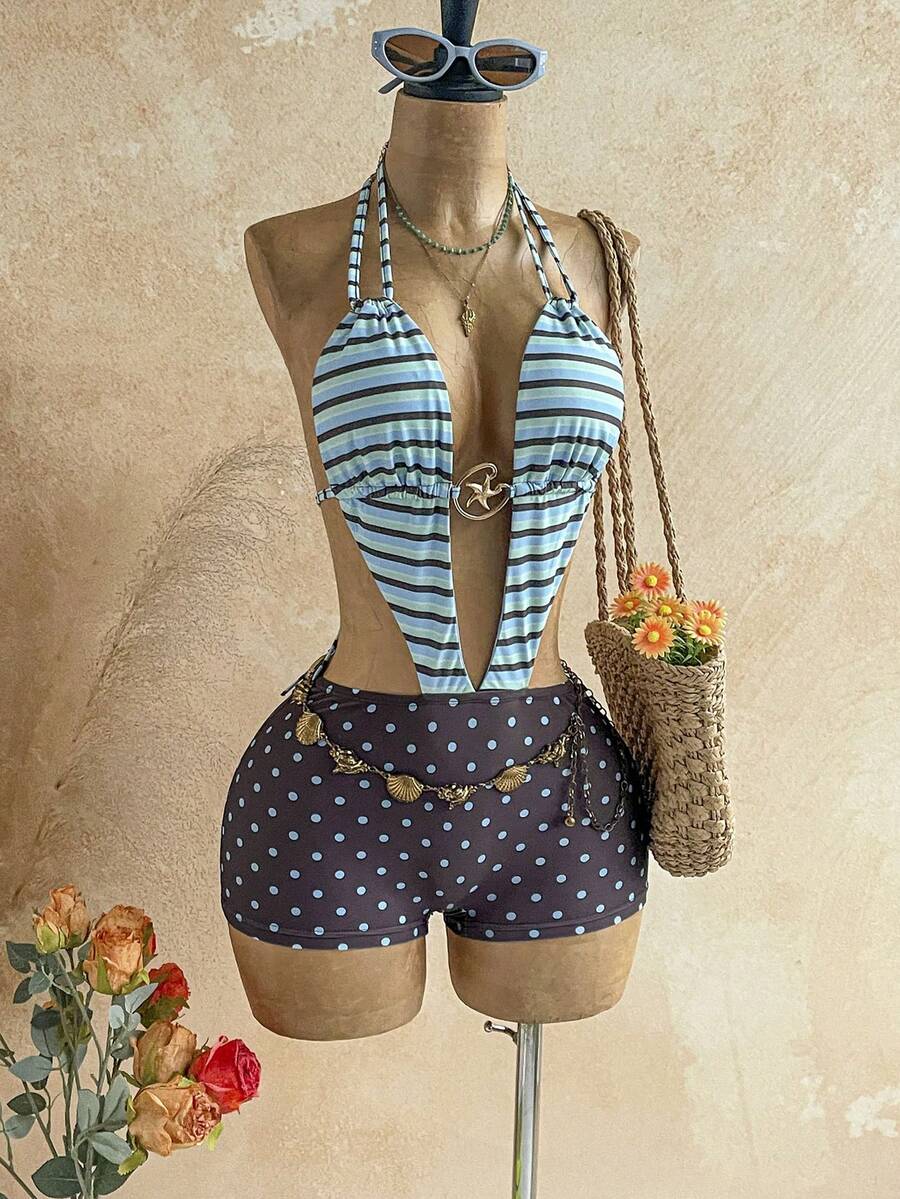 blue striped textured knit metal decor romper