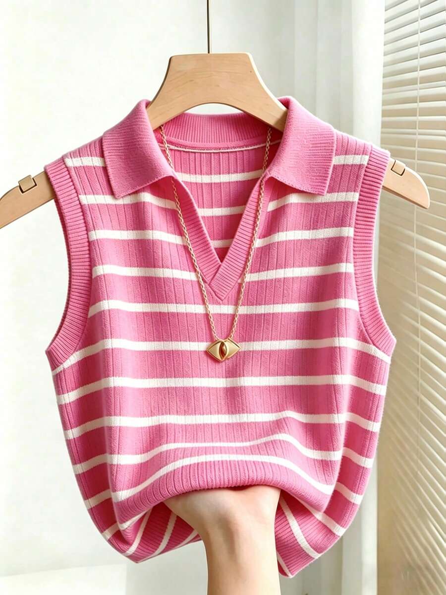 pink and white striped knit polo vest