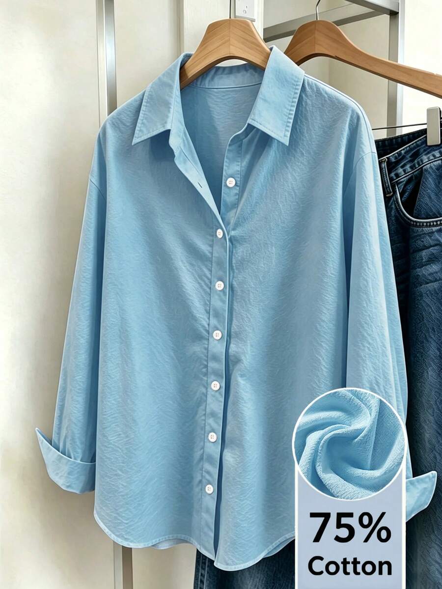 blue cotton blend button down shirt