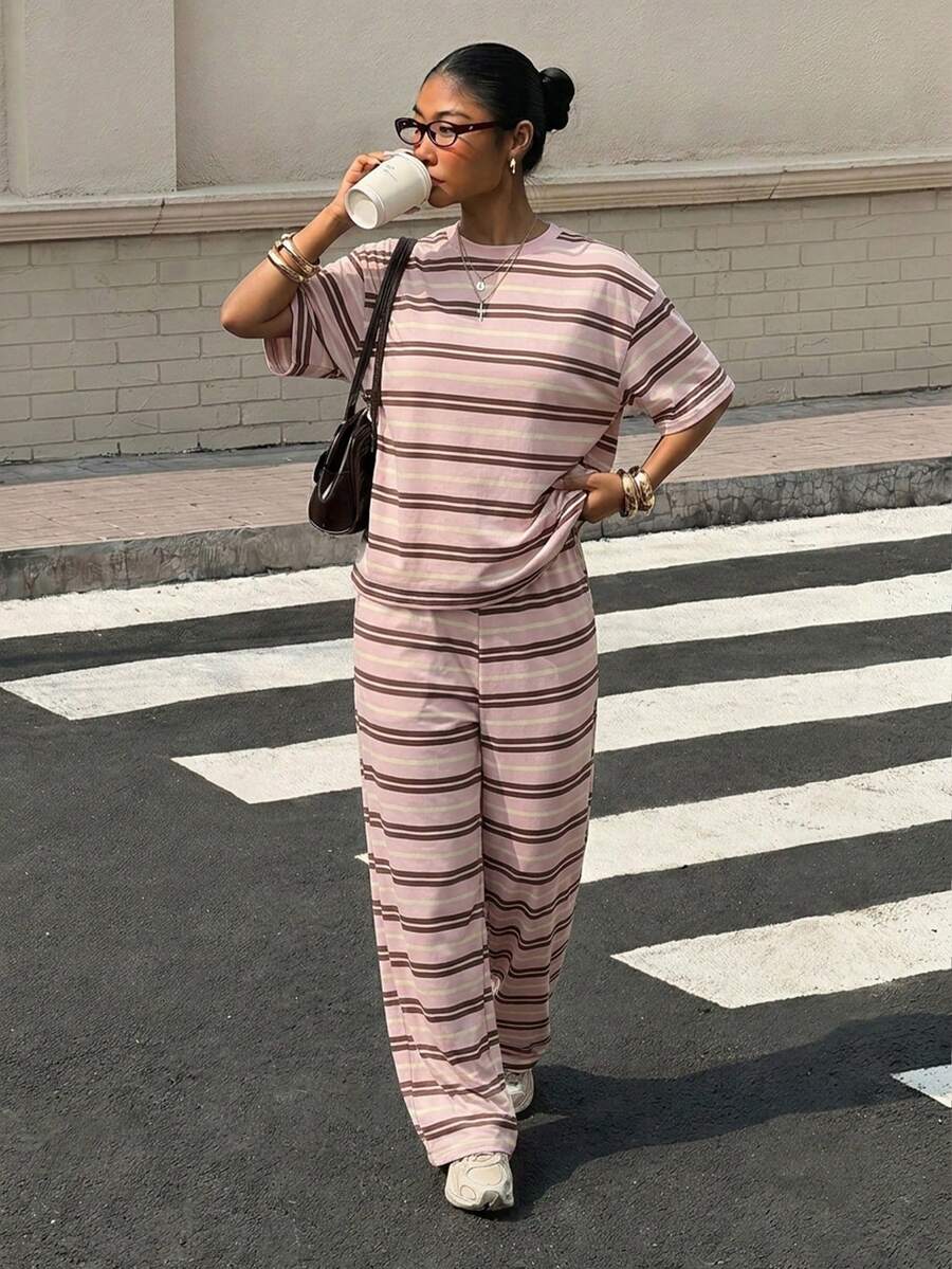 blush and brown striped knit casual trousers