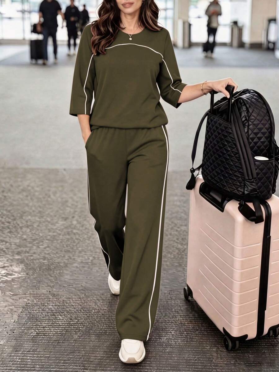 military green contrast striped casual lounge set