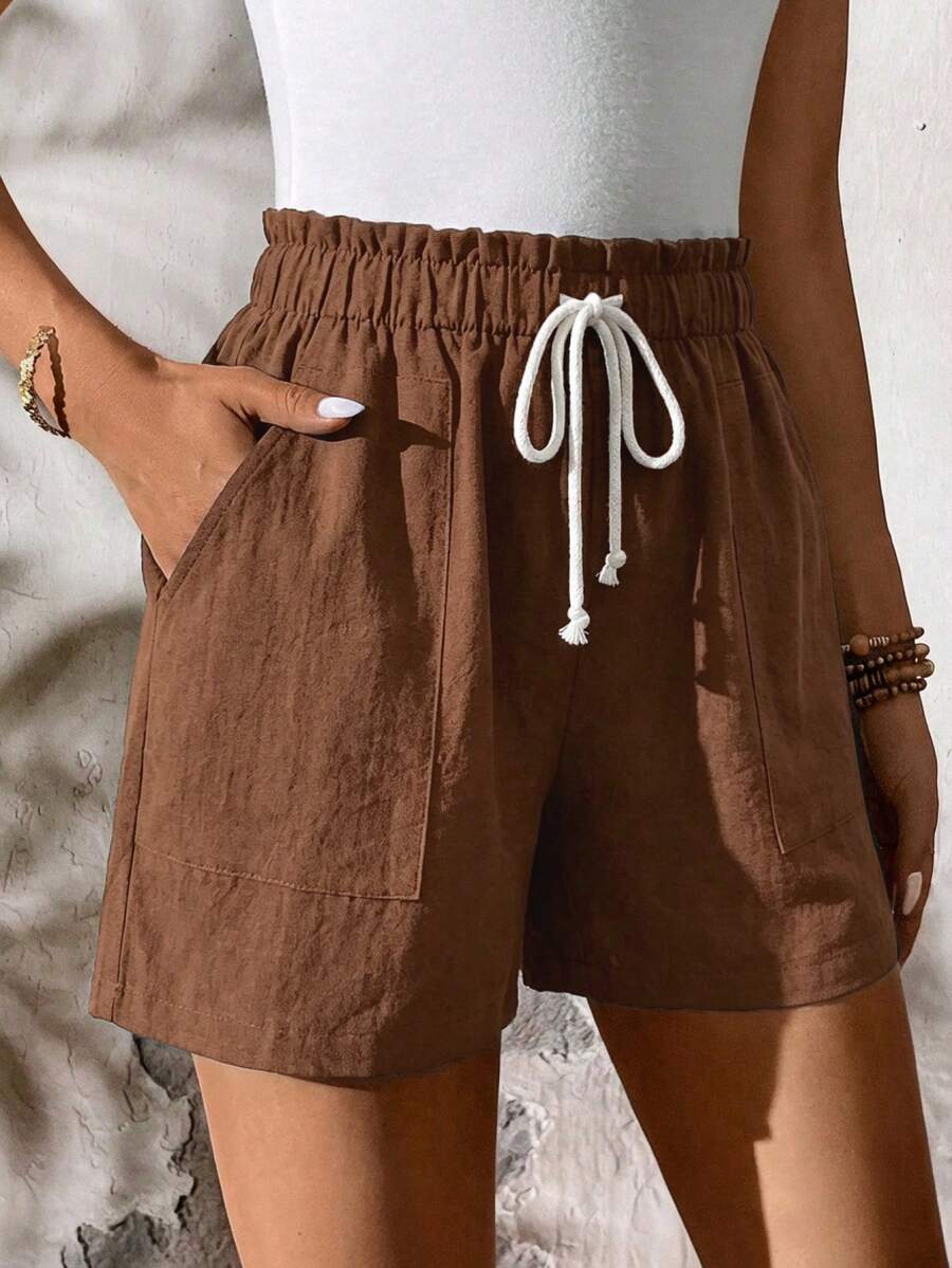 brown cotton paperbag waist shorts with pockets