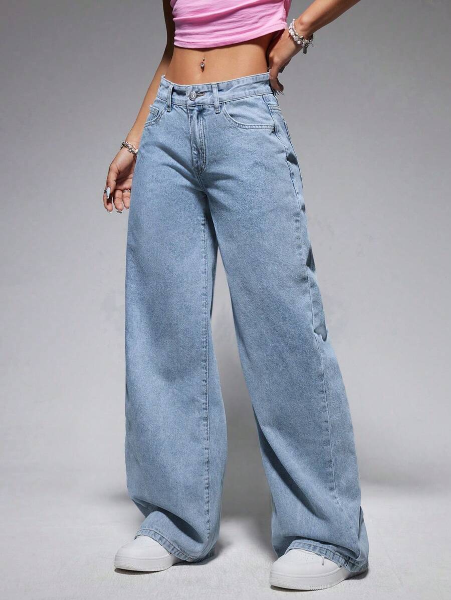 casual washed low-waist straight-leg sky jeans