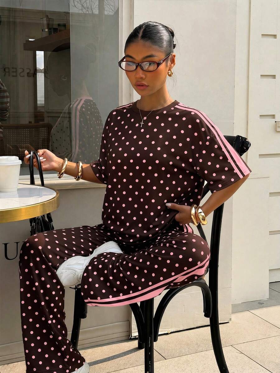 chocolate and pink polka dot knit casual trousers