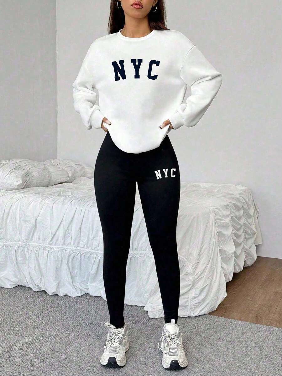 white nyc crew neck sweatshirt with embroidered logo