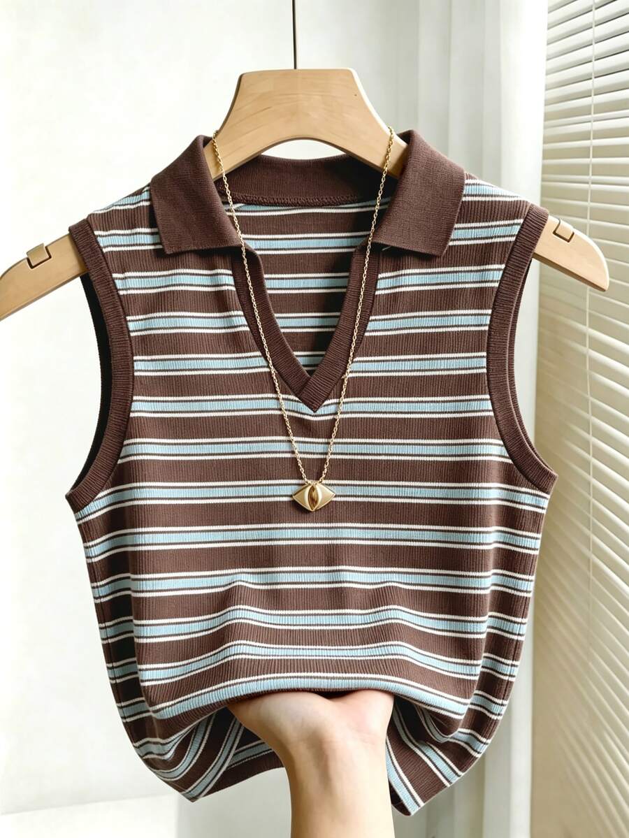 camel and light blue striped knit polo vest